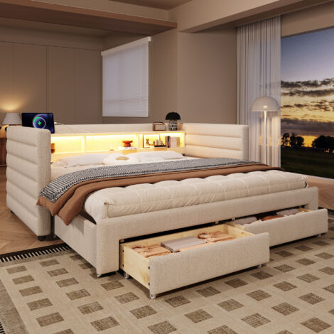 Canapé-lit enfant 90x190 cm avec lit gigogne, 2 tiroirs, LED, interface USB + Type-C, sommier à lattes, sans matelas, velours, Beige (1/5)