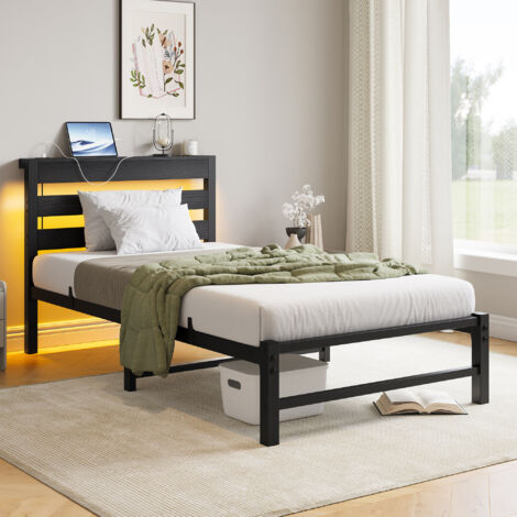 Lit enfant 90x200 cm avec LED et port USB, lit simple avec rangement inférieur, sans matelas, structure en métal, noir