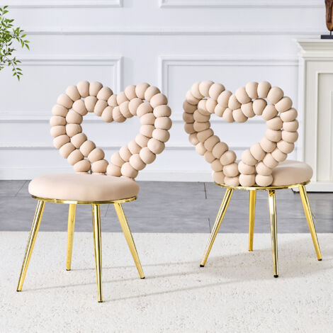 Lot de 2 chaises velours avec dossier, pieds métal, chaises rembourrées, pour salon/chambre, couleur beige (1/5)