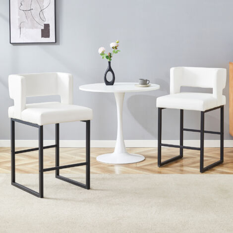 Lot de 2 chaises de salle à manger PU avec dossier, tabourets de bar rembourrés, style moderne, pieds métalliques noir, blanc (1/5)