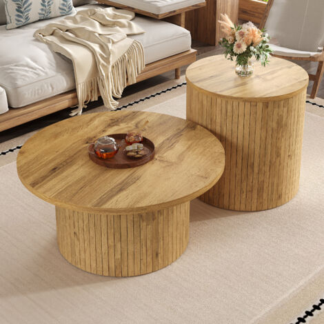 Hauss Spole – Table basse gigogne ronde – MDF naturel – Dimensions 75x75x36 cm et 50x50x50,5 cm – Coins arrondis pour sécurité – Design modulable