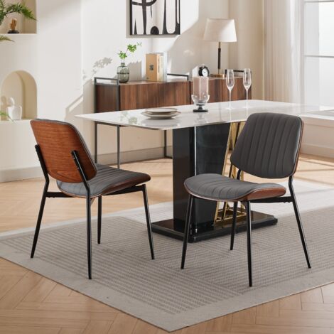 Lot de 2 chaises salle à manger style rétro, dossier bois cintré noyer, assise simili cuir PU, gris (1/5)