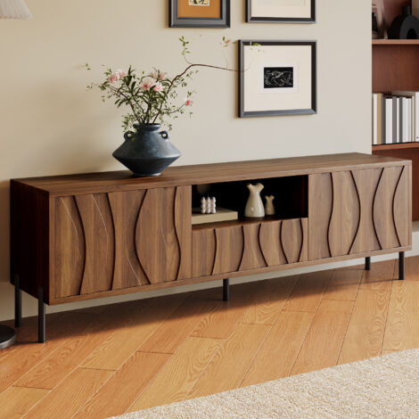 Meuble TV, meuble tele bas 3 portes ondulées pour salon/chambre, fonction de gestion des câbles, MDF, 160x35x46 cm, marron (1/5)
