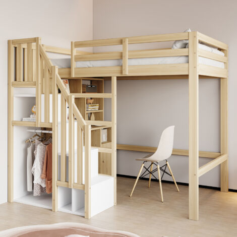 Lit mezzanine 90x200 cm, lit enfant avec bureau intégré, étagères et escalier de rangement, pin, sommier à lattes, naturel