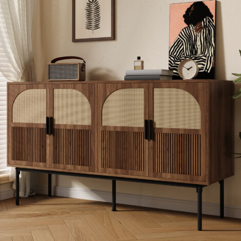 Buffet de cuisine, meuble de rangement 4 portes, MDF effet noyer et rotin naturel, pieds acier noir, 140x40x80 cm (1/5)