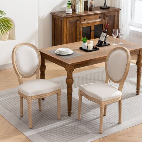 Lot de 2 Chaises salle à manger style français, chaise rembourrée cadre bois, Coussins d'assise et de dossier en lin beige (1/5)