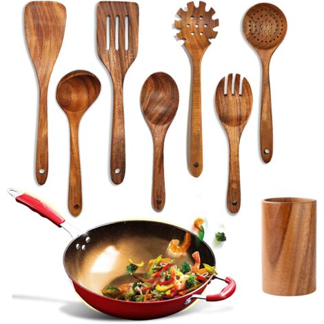 Set de 7 Ustensiles de Cuisine en Bois Antidérapants et Résistants à la Chaleur, avec Poignées en Bois (1/5)