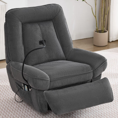 Fauteuil relax électrique 1 place, relax massant chauffant inclinable avec repose-pieds, ports USB, Support de téléphone, velours côtelé gris
