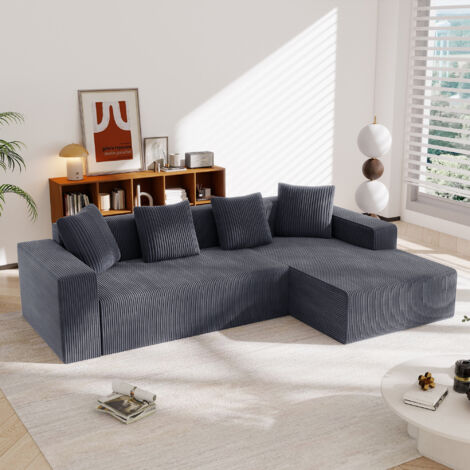 Canapé d'angle 3 places en L modulable, avec 4 coussins, profondeur assise 70 cm, chaise 118 cm, meuble salon, velours côtelé gris (1/5)
