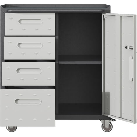 Armoire De Bureau Métal 4 Tiroirs Verrouillable – Gris/Argent 31,5 X 35 X 29,8 Cm, Avec 2 Clés, Rangement Documents & Fournitures