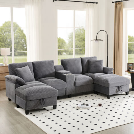 Canapé d'angle en U 4-5 places, tissu velours côtelé avec rangement, porte-gobelet inox & 2 ports USB, 293×142×93 cm, gris (1/5)