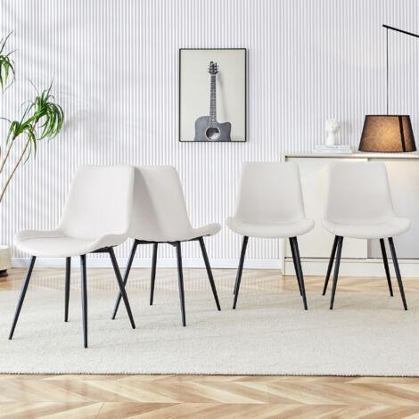 Lot de 4 chaises de salle à manger ergonomiques, assise rembourrée confortable, PU blanc, pieds métal noir (1/5)