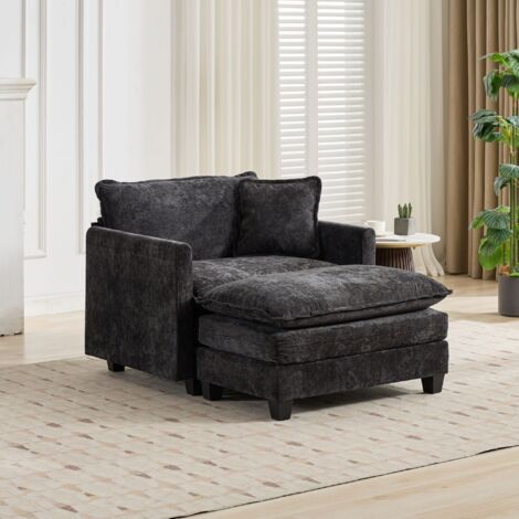 Fauteuil relax modulable, assise double couche rembourrée, dossier coussin ergonomique, Repose-pieds non inclus, tissu chenille noir