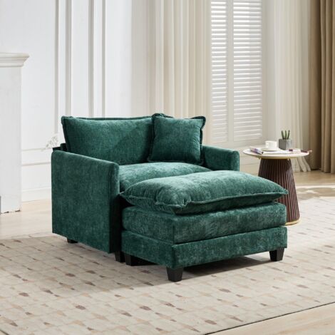 Fauteuil relax modulable, assise double couche rembourrée, dossier coussin ergonomique, Repose-pieds non inclus, tissu chenille vert