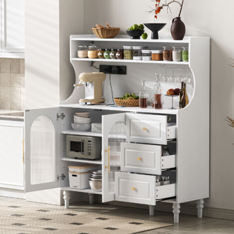 Buffet haut de rangement pour cuisine/salle à manger, 3 tiroirs, porte verre côtelé, prises USB/Type‑C, 120x40x138,5 cm, MDF blanc