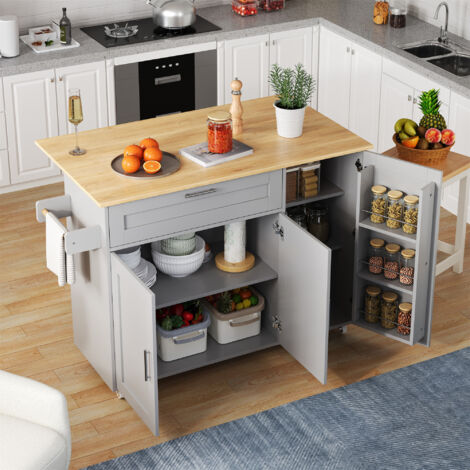Desserte de cuisine îlot mobile 132,5 x 44(70) x 90 cm, plateau extensible, 5 roulettes (2 freinées), MDF aspect chêne, gris (1/5)