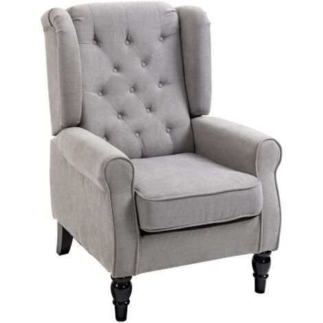 Fauteuil relax capitonné, fauteuil d'appoint salon, polyester gris, pieds bois noirs, 74x86x102 cm (1/5)