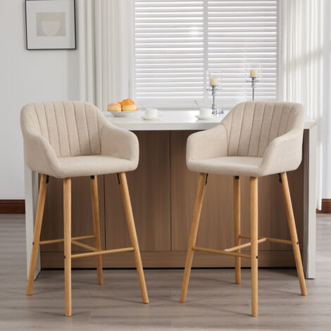 Lot de 2 tabourets de bar dossier haut avec accoudoirs, pieds bois, adaptées à la cuisine/salle à manger, 58,5x55x104 cm, lin beige