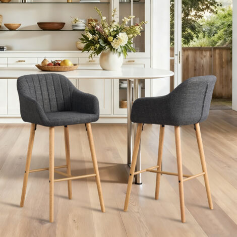 Lot de 2 tabourets de bar dossier haut avec accoudoirs, pieds bois, adaptées à la cuisine/salle à manger, 58,5x55x104 cm, lin noir