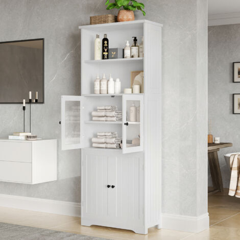 Meuble de salle de bain, armoire haute porte vitrée, étagères réglables, 57,5x28,5x160 cm, MDF verni blanc