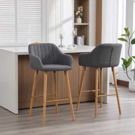 Lot de 2 tabourets de bar dossier haut avec accoudoirs, pieds bois, adaptées à la cuisine/salle à manger, 58,5x55x104 cm, lin gris