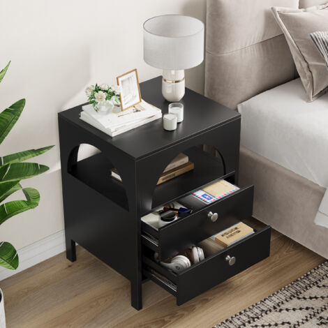 Table de chevet avec 2 tiroirs + niche ouverte, MDF, pieds bois, noir, 45x40x58 cm (1/5)