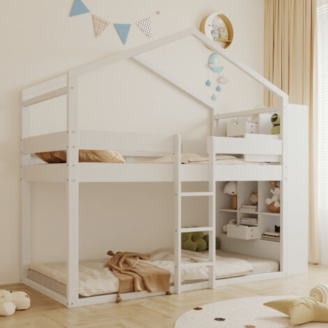 Lit superposé 90x200 cm, lit enfant multifonction avec rangements tête de lit, pin et MDF, sans matelas, blanc (1/5)