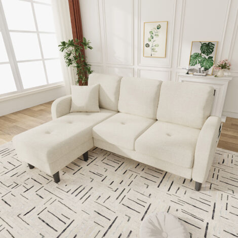 Canapé d'angle modulable 3 places, chaise longue réversible, 166x118x77 cm, lin, beige clair (1/5)