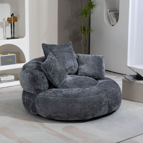 Fauteuil pouf, fauteuil lounge dossier haut — siège relax pour salon, chambre et coin gaming, 3 coussins, 108x108x52 cm, chenille gris