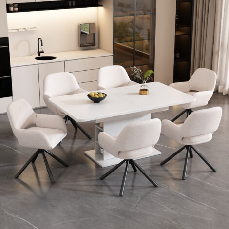 Ensemble table à manger extensible télescopique - 6 chaises en sherpa, table avec rangement, plateau panneaux de particules, blanc (1/5)