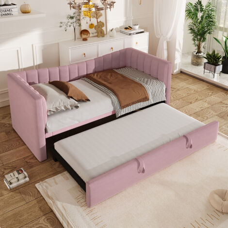 Lit enfant 2 places 90x200 cm, lit banquette convertible avec lit gigogne, style minimaliste, sans matelas, velours rose