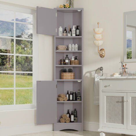Meuble de salle de bain d'angle H170 cm, étagères réglables, MDF laqué, résistant à l'humidité, 2 portes + 3 niches, gris