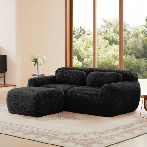 Canapé droit 2 places modulable en peluche, design sans armature, mousse haute résilience 32D, coussins inclus, meuble de salon/chambre,1 repose-pieds, noir (1/5)