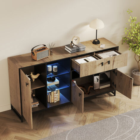 Buffet de rangement avec LED, meuble bas 3 portes, 2 étagère ouverte, bois reconstitué et métal noir, 160x40x84.5 cm, naturel (1/5)