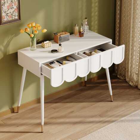 Coiffeuse bureau avec 2 tiroirs, table de contrôle d'entrée, MDF, pieds en métal, B100xP40xH76 cm, blanc (1/5)