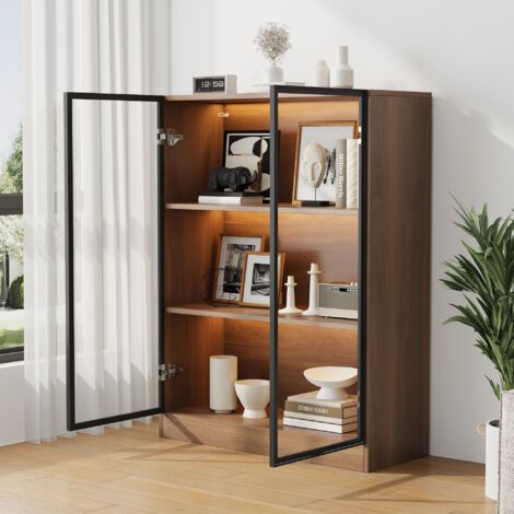 Vitrine en verre LED 106 cm, meuble vitrine multifonction, étagère à 3 niveaux, couleur bois de noyer