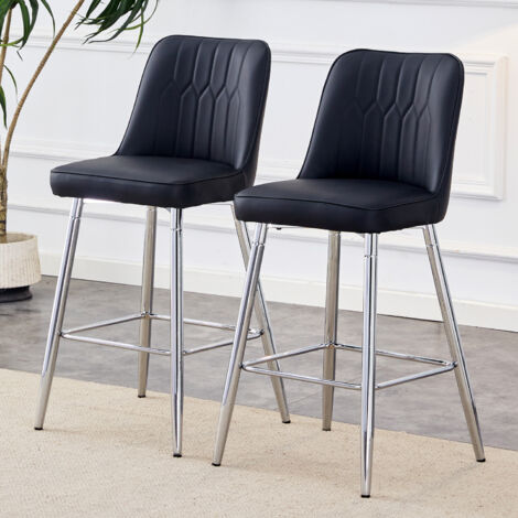 Lot de 2 tabourets de bar 100 cm avec repose-pieds, assise PU noir, structure métal argenté