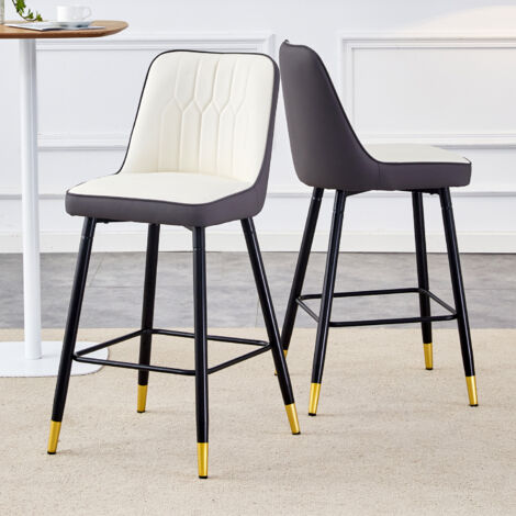 Lot de 2 tabourets de bar 100 cm avec repose-pieds, assise PU blanc/gris, structure métal noir