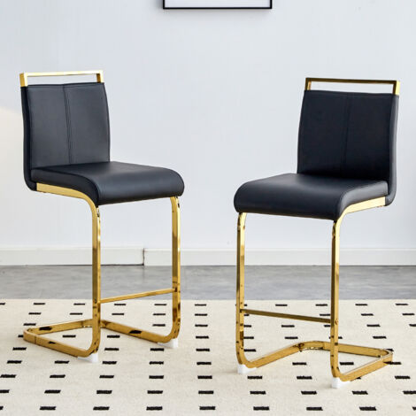 Lot de 2 tabourets de bar 96,5 cm avec repose-pieds, pour salle à manger/cuisine, assise PU noir, pieds métal or (1/5)
