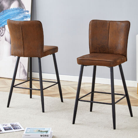 Lot de 2 tabourets de bar avec dossier ergonomique, repose-pieds, assise marron tissu et pieds métal noir (1/5)