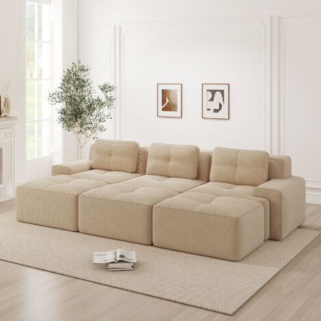 Canapé droit en velours côtelé, canapé 3 places de salon/chambre, assise profonde, moderne, base antidérapante - avec repose-pieds, 293×177×69 cm, beige (1/5)