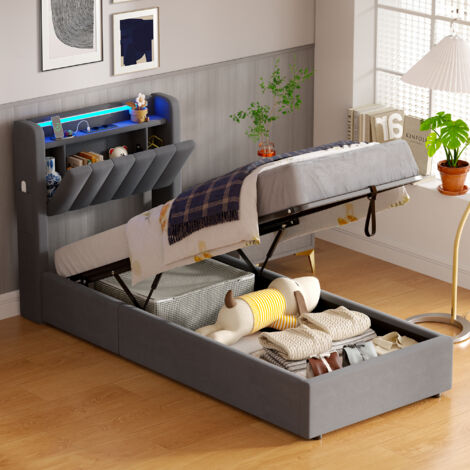 Lit coffre 90x200 cm, lit enfant rembourré LED, tête de lit rabattable avec rangement, prise+USB, sommier à lattes, sans matelas, velours gris (1/5)