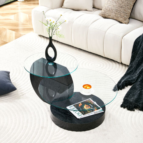 Table basse gigogne ronde en verre trempé Ø70/Ø50 cm, table d'appoint pour canapé, structure MDF noir, finition bois