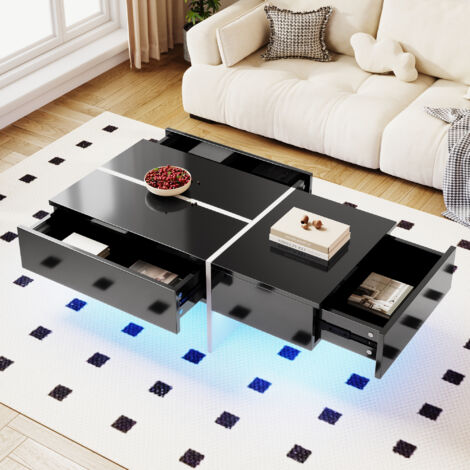Table basse rectangulaire avec éclairage LED contrôlé par application, 3 tiroirs, table d’appoint pour salon/chambre, 100x50x34,5 cm, noir brillant (1/5)