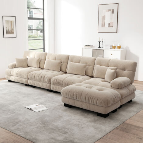 Canapé 4 places, canapé d'angle avec repose-pieds et coussin, assise profonde effet, angle configurable pour salon/appartement, chenille beige