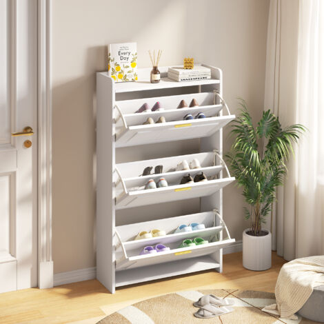 Meuble à chaussures d'entrée avec 3 portes abattantes, poignées dorées, MDF blanc - A, 70x30x120 cm (1/5)