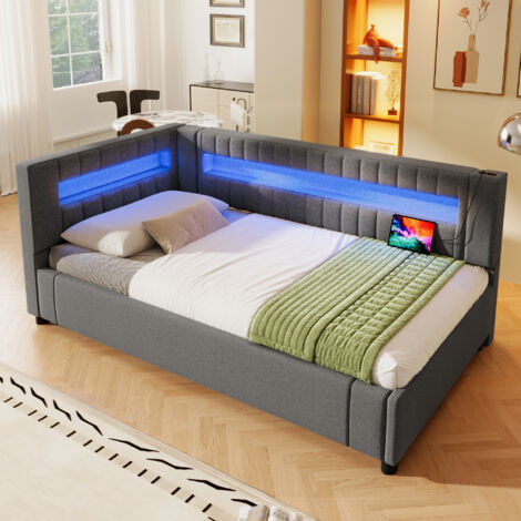 Lit enfant banquette 90x200 cm avec LED, lit coffre hydraulique, USB/Type-C, sommier à lattes, lin gris (1/5)