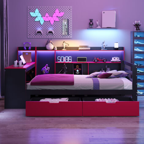 Lit enfant banquette 90x200 cm avec bureau, LED, prises USB, rangements et 2 tiroirs, bois, noir/rouge (1/5)