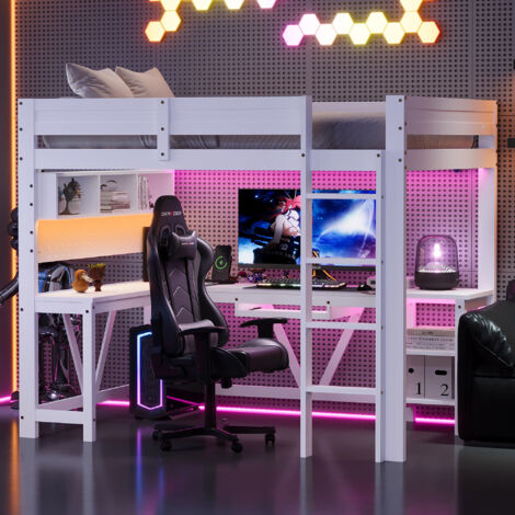 Lit enfant mezzanine 90x200 cm avec bureau, étagères et LED, prises + USB, protection antichute, bois blanc (1/5)