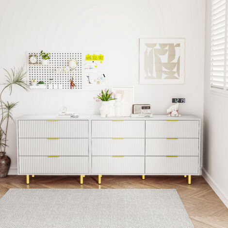 Commode 9 tiroirs, meuble de rangement moderne en MDF blanc et pieds dorés, 200x40x72 cm (1/5)